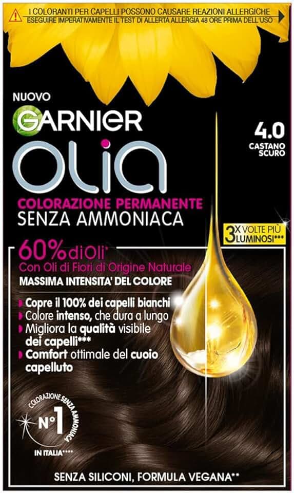 Garnier Olia Tinta Capelli, Colorazione Permanente Senza Ammoniaca, Copre il 100% dei Capelli Bianchi, Con Oli di Fiore di Origine Naturale, Formula Vegana, Castano Scuro