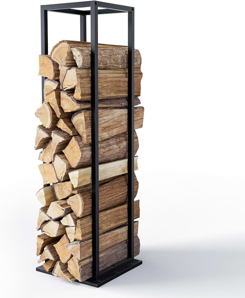 VOUNOT® Legnaia in Metallo per Interni ed Esterni 33x33x112 cm, Portalegna Verticale Salvaspazio, Struttura Robusta per Legna da Ardere, Camino, Nero