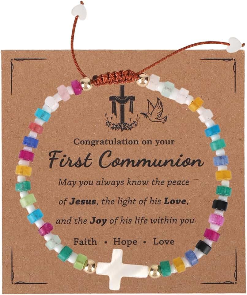 Mikovivi Bracciale per la Prima Comunione con Biglietto, Braccialetto con Croce Ispiratrice Gioielli Religiosi Regolabili per Bambine e Ragazzi Regali la Prima Comunione Battesimo Cresima