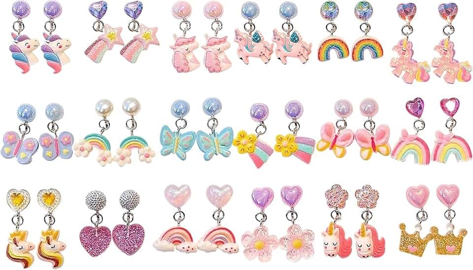 HTTDSLF 18 Paia Orecchini a Clip per Bambina, Orecchini in Resina Non Allergici, a Forma di Cuore Farfalle Fiori Unicorno Arcobaleno Farfalla, Accessori per Gioielli da Principessa per Ragazze