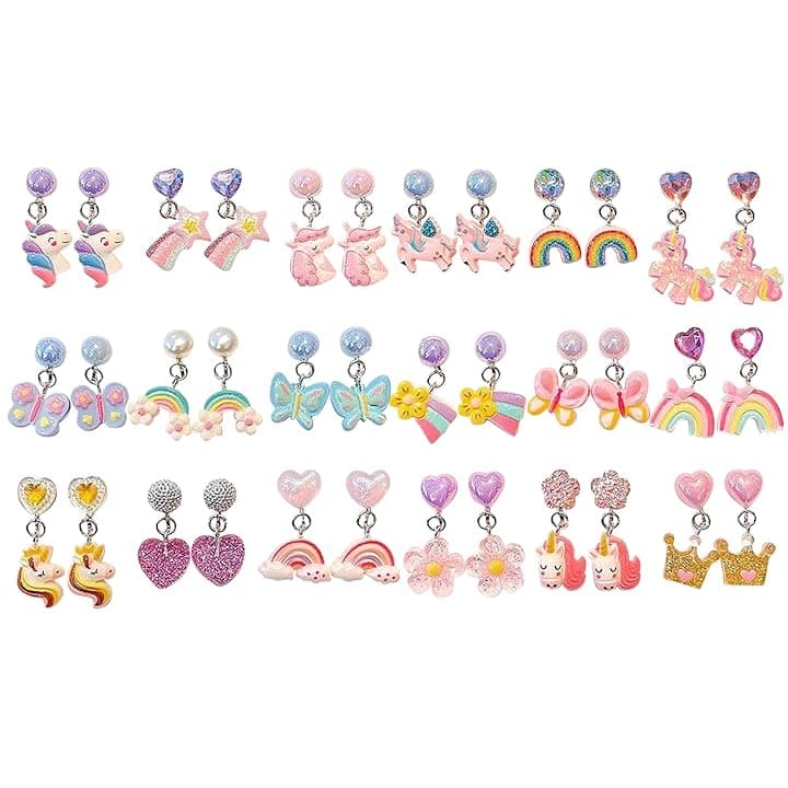 HTTDSLF 18 Paia Orecchini a Clip per Bambina, Orecchini in Resina Non Allergici, a Forma di Cuore Farfalle Fiori Unicorno Arcobaleno Farfalla, Accessori per Gioielli da Principessa per Ragazze