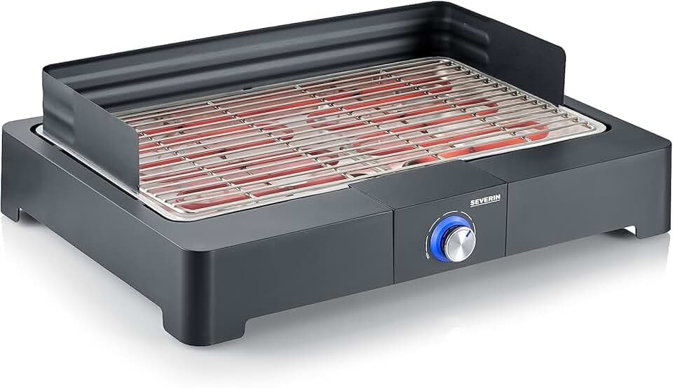 SEVERIN Barbecue Elettrico da Tavolo, 2200W, Pochi Fumi, SafeTouch, Griglia Inox, Cavo Lungo 140cm, 52,2 x 39,3 x 15,0 cm, Nero - PG 8565