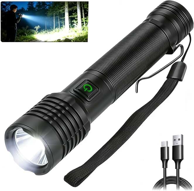 Torcia LED Professionale Ricaricabile 90000 lumen Super Luminosa,Torcia Potente 2600 mAh USB ad Alta Capacità IPX6 Impermeabile Per il Campeggio e l'escursionismo