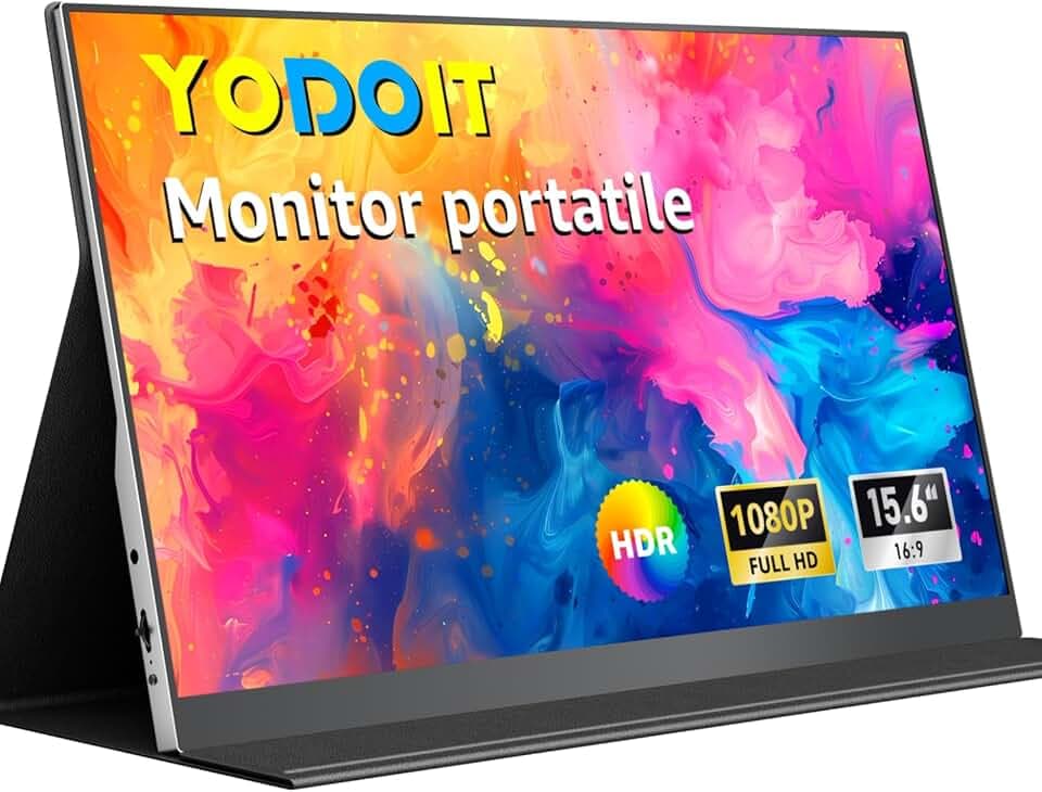 Yodoit Monitor Portatile 15,6" Display IPS FHD 1920x1080P | Secondo Schermo Esterno per laptop con Connettività USB-C e HDMI, con Altoparlanti e Custodia, per PC, Mac, PS3/4/5, Xbox Etichetta Energetica