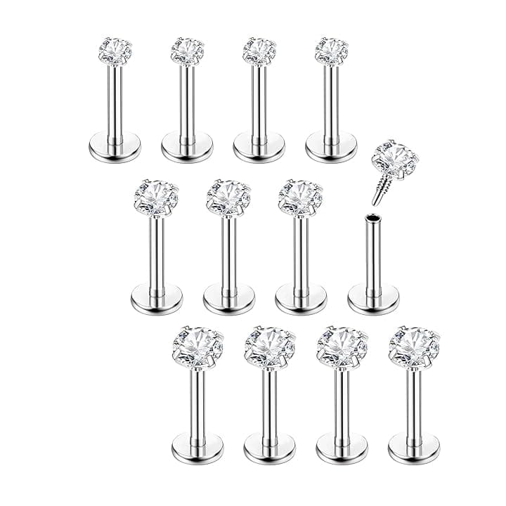 Chriscoco 16G 12Pcs Piercing Orecchio Acciaio Chirurgico Piercing Naso brillantino Piercing Labbro Piercing Helix 6/8mm per Donne Uomini