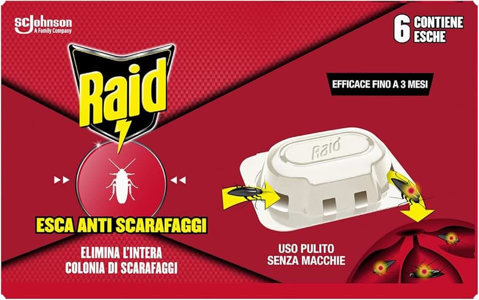 Raid Esca Scarafaggi Insetticida Inodore, Efficace fino a 3 Mesi, Area di Utilizzo Interno/Esterno - 1 Confezione da 6 Pezzi