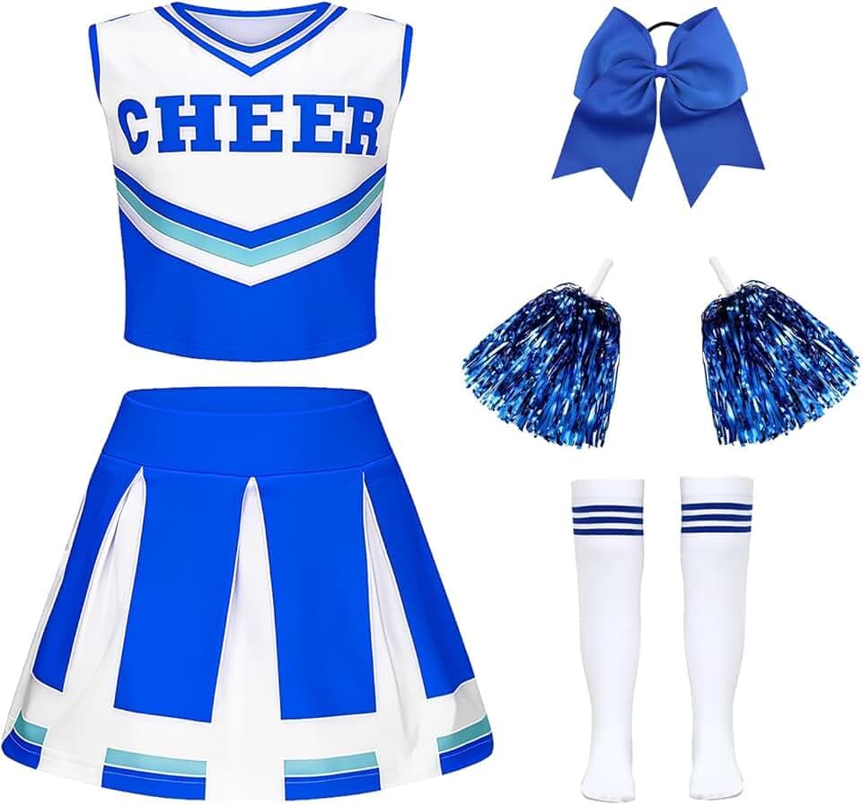 Luckyou Vestito Cheerleader Bambina Cheerleader Costume Bambina Carnevale Cheerleading Outfit per Ragazza con Pompon e Calzini per Evento Sportivo Carnevale