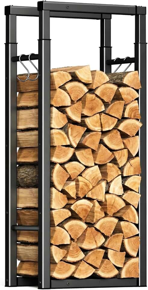 VOUNOT® Legnaia da Esterno in Metallo, Ripiano per Legna da Ardere, Portalegna con Ganci, 65 x 25 x 150 cm, Nero