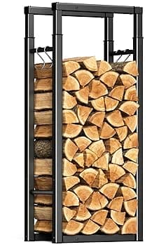 VOUNOT® Legnaia da Esterno in Metallo, Ripiano per Legna da Ardere, Portalegna con Ganci, 65 x 25 x 150 cm, Nero