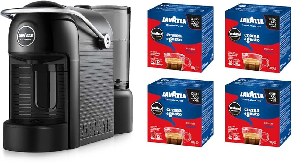 Lavazza A Modo Mio Jolie Evo, Macchina per Caffè Realizzata con 36% di Plastica Riciclata, Macchina Espresso con 64 Capsule Lavazza A Modo Mio Crema e Gusto Classico Incluse, Nera
