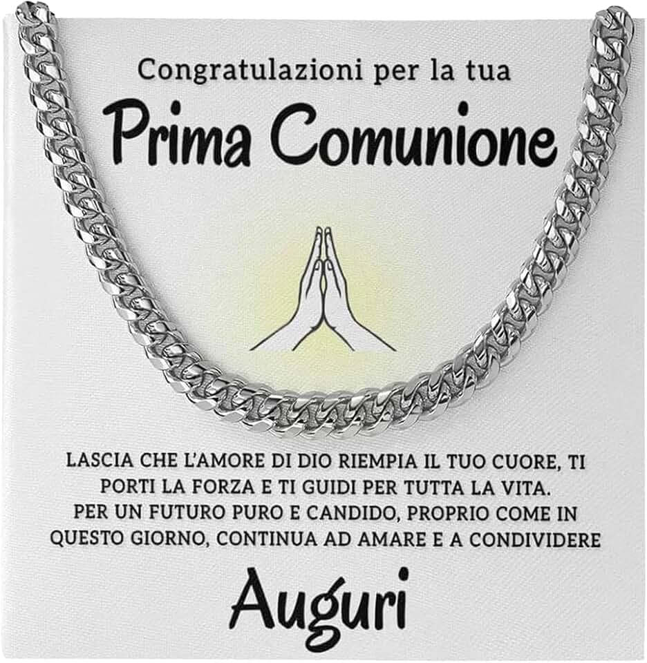 Bramart Regalo Prima Comunione Uomo Collana Cubana in Acciaio Inox Lucidato di Altissima qualità Idea Regalo per lui Cresima - Cofanetto con DEDICA incluso