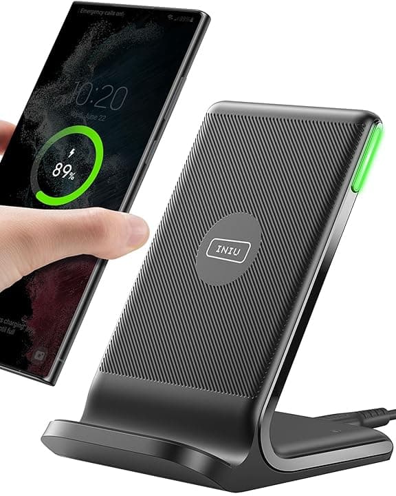 Caricatore Wireless, INIU 15W Certificato Qi Ricarica Rapida Wireless Phone Charger Holder Wireless Luce adattiv Supporto Telefono per iPhone 17 16 15 14 13 12 11 Pro Max Samsung Galaxy Google Pixel ClimatePartner certified