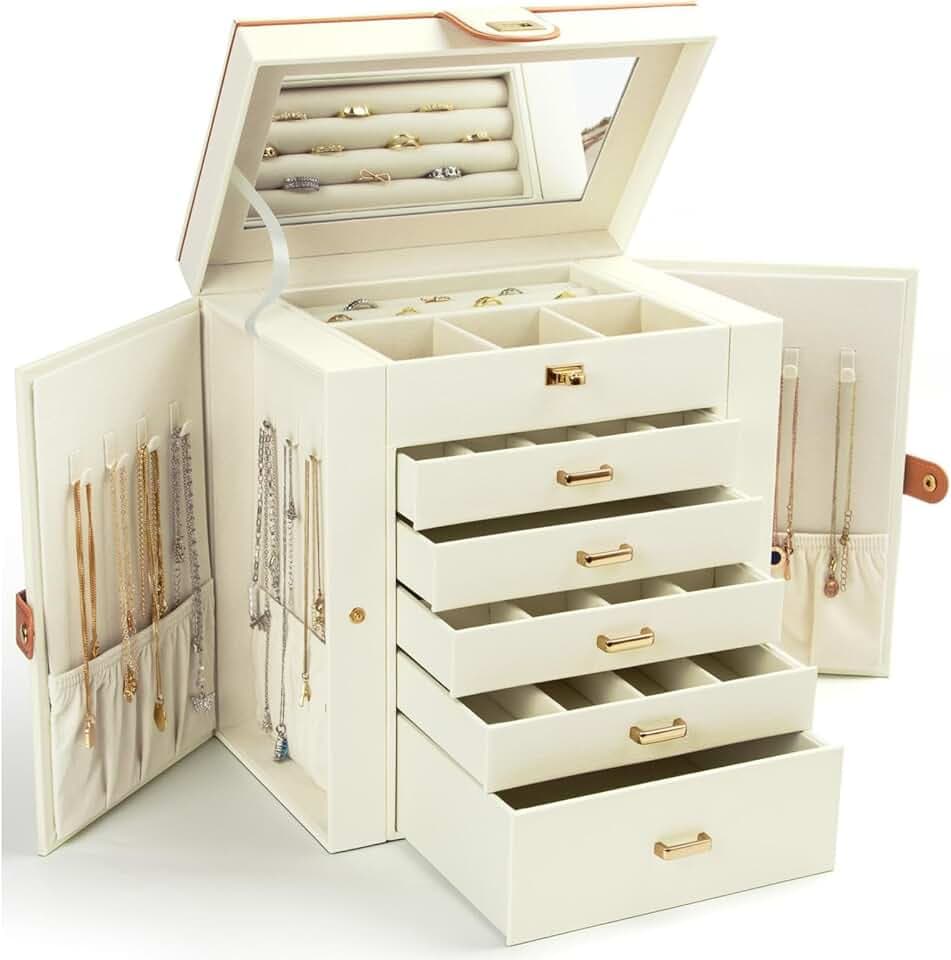 KAMIER KAMIER Scatola portaoggetti e organizer per gioielli, 4 ripiani, con specchio e cassetti, organizer per gioielli per donne e ragazze, per anelli, collane, orecchini, bracciali, grigio