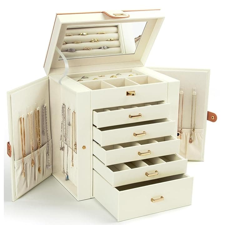 KAMIER KAMIER Scatola portaoggetti e organizer per gioielli, 4 ripiani, con specchio e cassetti, organizer per gioielli per donne e ragazze, per anelli, collane, orecchini, bracciali, grigio