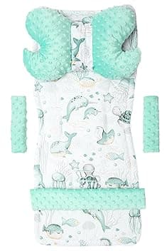 Medi Partners Riduttore Passeggino Universale Materassino Copri Neonato Cuscino - 5 elementi 78x35cm Copripasseggino Estivo per Neonati Cotone Minky (Oceano di menta Minky)