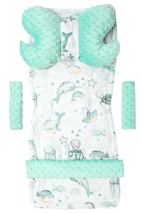Medi Partners Riduttore Passeggino Universale Materassino Copri Neonato Cuscino - 5 elementi 78x35cm Copripasseggino Estivo per Neonati Cotone Minky (Oceano di menta Minky)