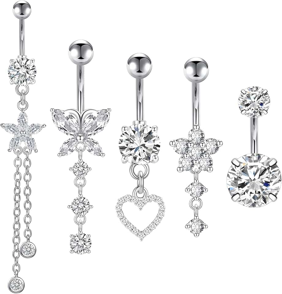 Kunaxku 5PCS Piercing Ombelico G23 Titanio Piercing Ombelico Anello 14G CZ ombelico Barra Pierce Pancia Bar Lungo Ombelico Barbell Ventre Anello Pierce Gioielli for Donna Uomo 5/8/10mm (Argento)