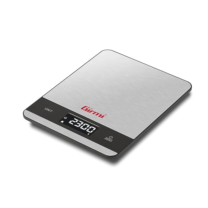Girmi PS05 Bilancia da cucina Elettronica, 1 gr/5Kg, Piatto Inox, Display ad alta luminosità, Autospegnimento, Funzione TARA, Indicatori di errore, Display 50 x 22