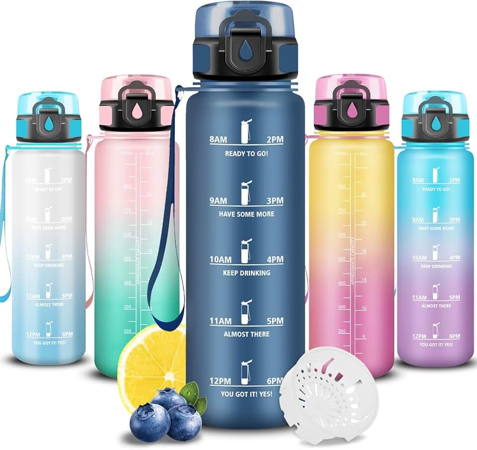 Grsta Borraccia Palestra, Borraccia 1 litro, Boraccia Senza Perdite, Bottiglia Motivazionale, Facile da Trasportare, Bottiglia con Orari per Bere, Facile da Pulire, per Campeggio, Fitness, Scuola