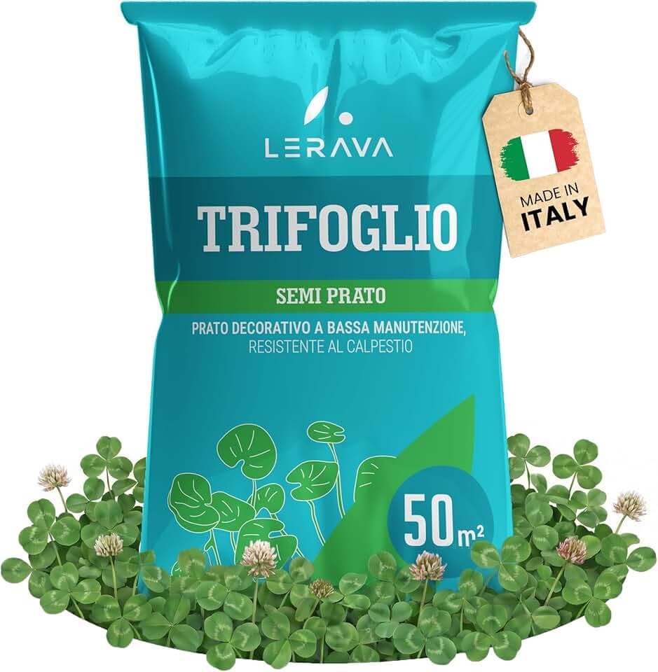 LERAVA Trifoglio Nano semi prato (50 m²) - Non richiede taglio - Semi trifoglio nano per prato verde - Migliora fertilità del suolo e copertura calpestabile - Fioritura bianca per giardini - 200g