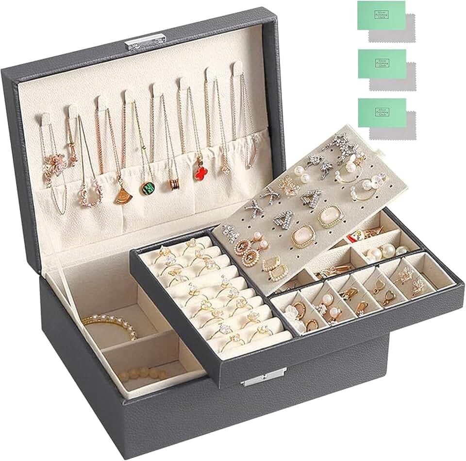 JOTOL JOTOL Scatola Portagioie,Scatola porta gioielli,con Serratura da 2 Strati Organizer Portagioie Salvaspazio,per Anelli,Orecchini,Collane, Orologi,Grigio