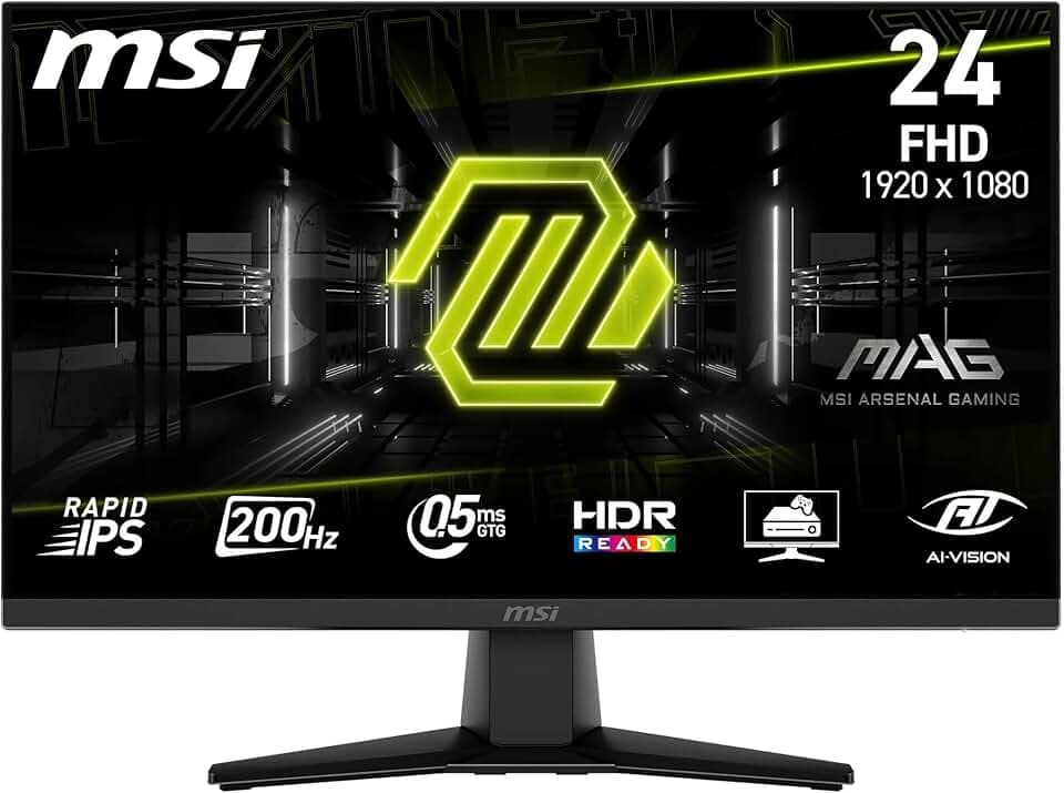 msi MAG 242F Monitor Gaming da 24" - FHD (1920x1080), Rapid IPS, 200Hz, 0.5ms, HDR Ready, AMD FreeSync Premium, Eye Care, HDMI 2.0b, DP 1.2a, Senza Cornice, Inclinabile, Montaggio VESA - Nero