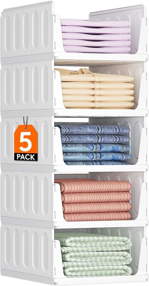 Lifewit Organizer Armadio Interno, Impilabili Contenitori per Vestiti, Contenitori con Cassetti Salvaspazio Estraibile, Scatole Portaoggetti per Cucina, Bagno e Camera da Letto, 24L, Bianco, 5 Pezzi