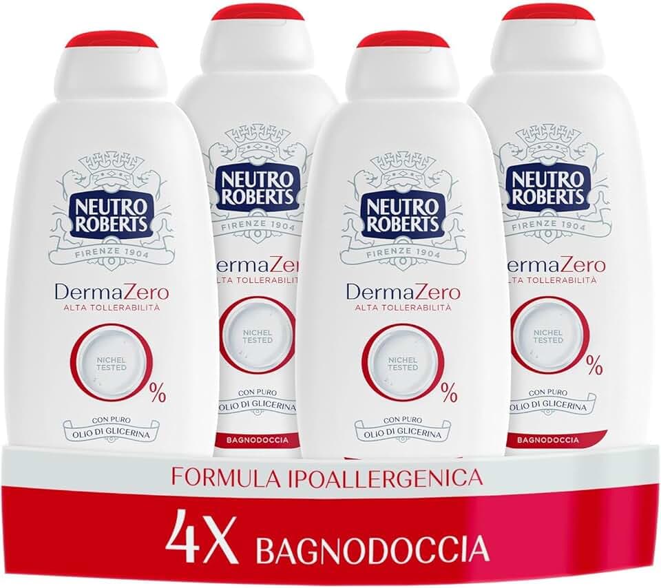 Neutro Roberts Bagnoschiuma Corpo Dermazero Ipoallergenico, Ottimo per Pelli Delicate e Sensibili, Privo di Sapone e Coloranti, Adatto a Uso Quotidiano e per l'Igiene dei Bambini, 4 Flaconi da 600 ml