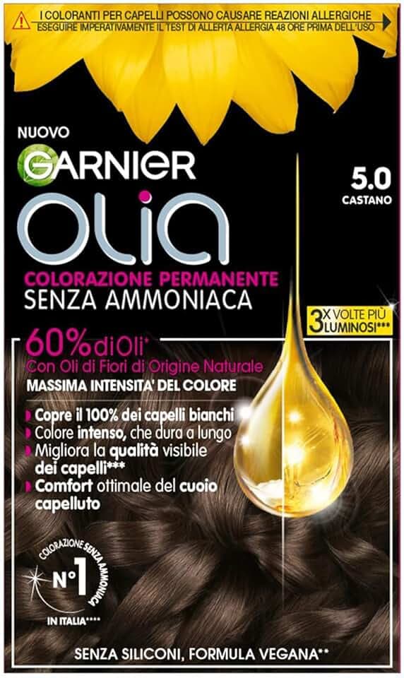 Garnier Olia Tinta Capelli, Senza Ammoniaca, Copre il 100% dei Capelli Bianchi, Formula Formula Vegana, Castano