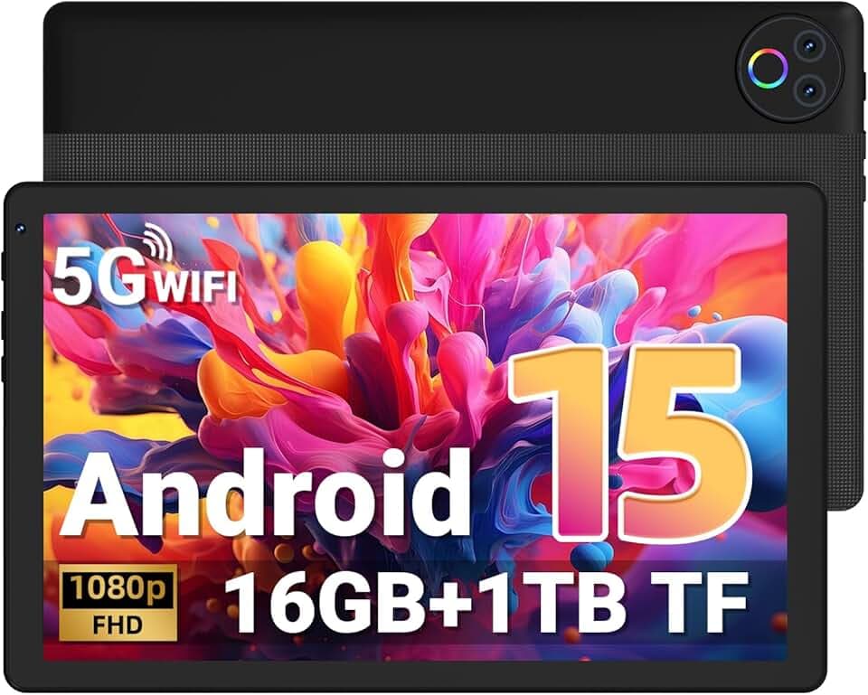 Gleeso Tablet 10 Pollici, Android 15 Tablet con 16GB RAM 1TB TF, 1332 * 800 FHD Android Tablet con Sblocco Facciale, Widevine L1, Bluetooth 5.4 / WiFi 5G, 5MP Fotocamera, Tablet PC OTG - Nero