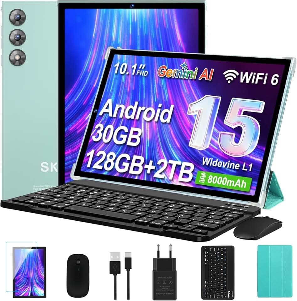 Tablet 10 Pollici Android 15 con Gemini AI, 30GB RAM 128GB+2TB Esp., Octa-Core, WiFi 6 BT 5.0, Widevine L1, Batteria 8000mAh, Fotocamera 8/5 MP, Tastiera Mouse Custodia, Corpo in Metallo - Verde