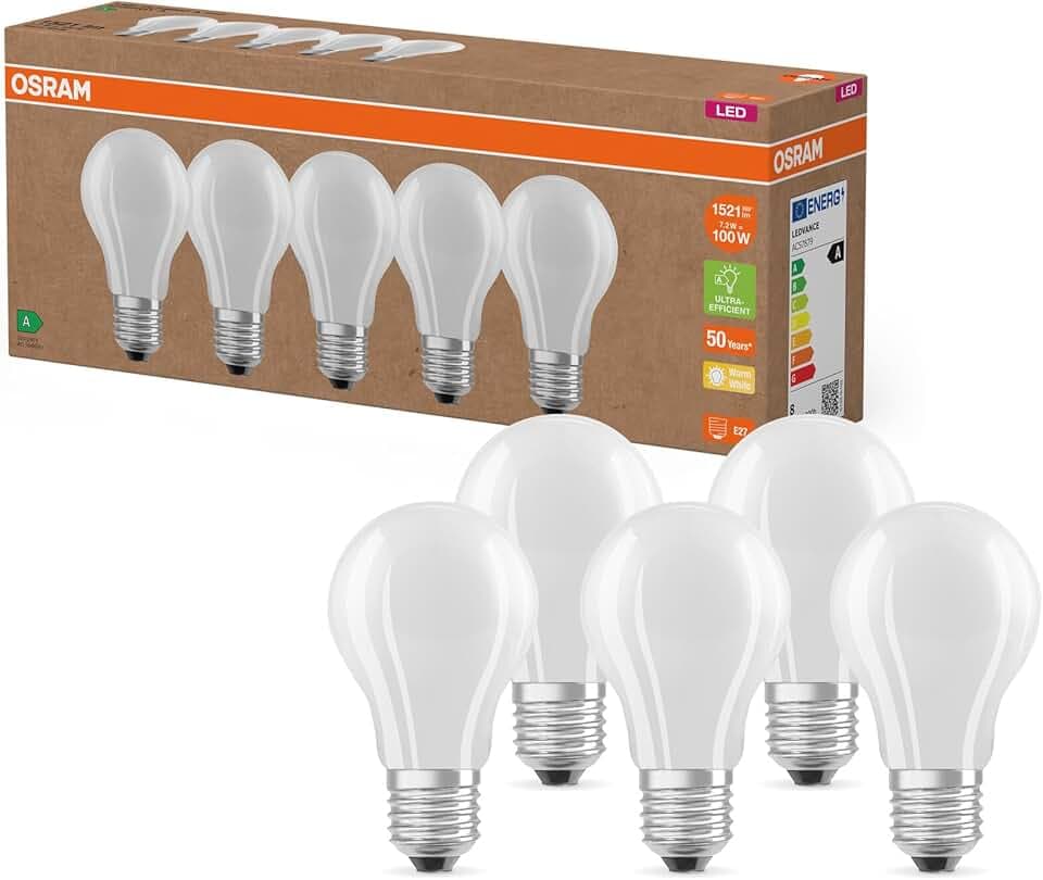 OSRAM Lampade LED ad alta efficienza con classe di efficienza energetica A, Confezione vantaggiosa con 5 lampadine, sostituzione 100W, bianco caldo (2700K), E27, vetro opaco Etichetta Energetica