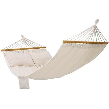 SONGMICS Amaca, Letto Dondolo da Esterno con 2 Cuscini, Barre di Legno, Capacità di Carico 300 kg, 122 x 14.5 x 14.5 cm, Beige GDC22M