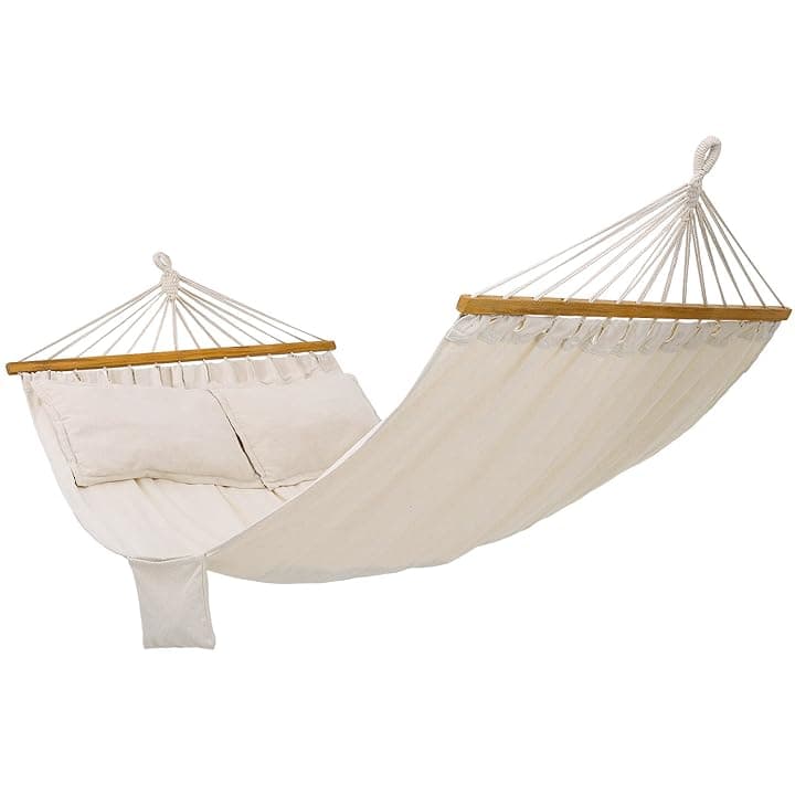 SONGMICS Amaca, Letto Dondolo da Esterno con 2 Cuscini, Barre di Legno, Capacità di Carico 300 kg, 122 x 14.5 x 14.5 cm, Beige GDC22M