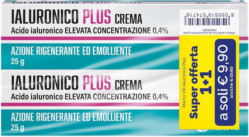 Abbinata Ialuronico Plus Crema, 50 g Totali, Crema Idratante con Acido Ialuronico 0,4%, Azione Rigenerante ed Emolliente, Per Viso e Corpo, Tutti i Tipi di Pelle