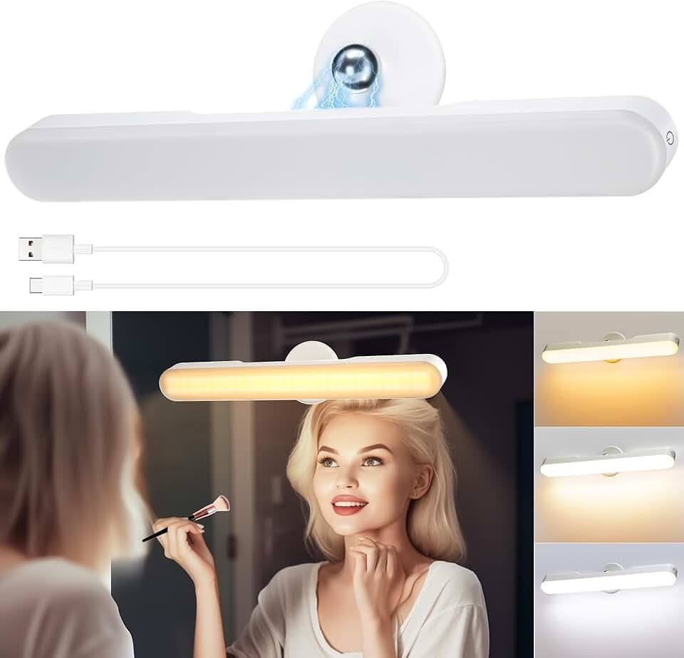 Luci Per Specchio Da Trucco Con Luci LED a 4000mAH Batteria, Dimmerabile Luci Specchio Make Up Illuminazione Senza Fili, Girevole Staccabile 360° Specchiera Trucco, Specchio Bagno Con Luce