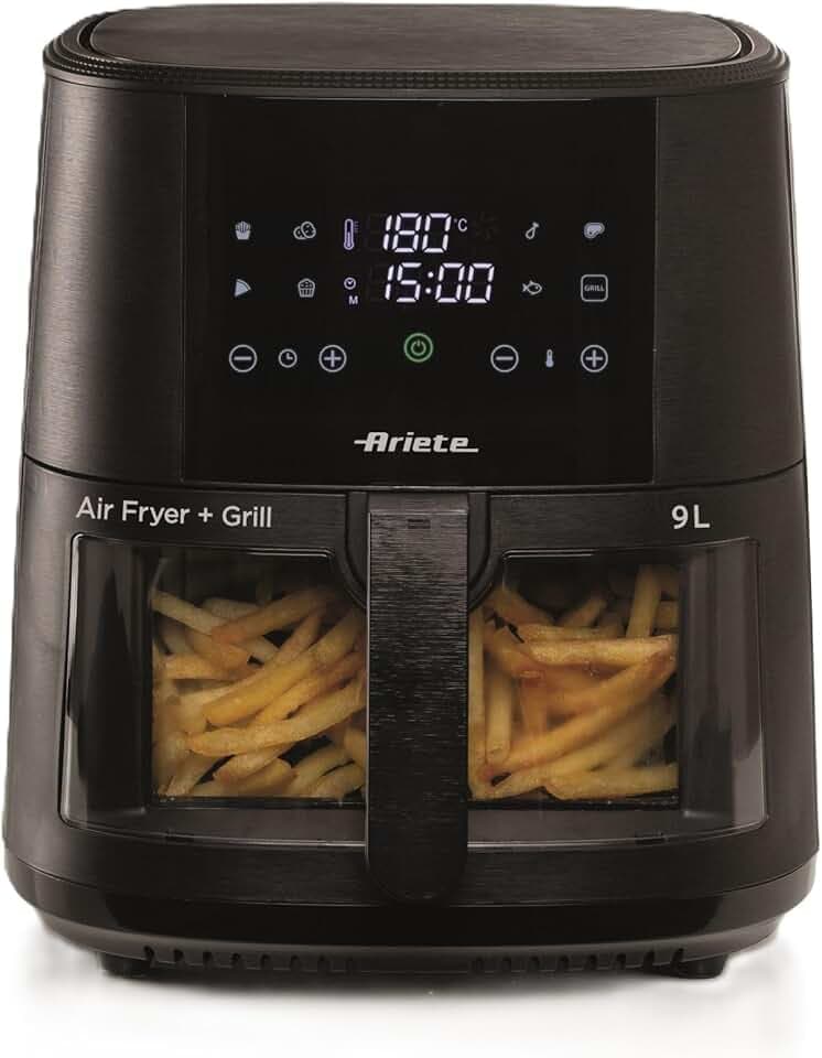 Ariete 4630 Friggitrice ad aria 9L, 1500 W, Capacità 9L, Capacità di cottura 2,5kg, 8 programmi preimpostati, Temperatura fino a 200°, Cestello trasparente, BPA Free, Nero