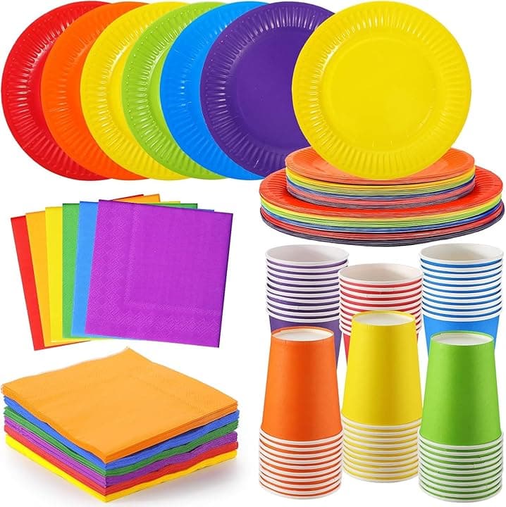 LATERN 120 Pezzi Stoviglie Colorate per Neon Feste in Carta, 30 x 23CM Piatti da Piani e 18CM Piatti da Insalata, 30 x Tazze da 270ml, 30 x Tovaglioli - per Neon Fiesta Arcobaleno Feste Decorazioni