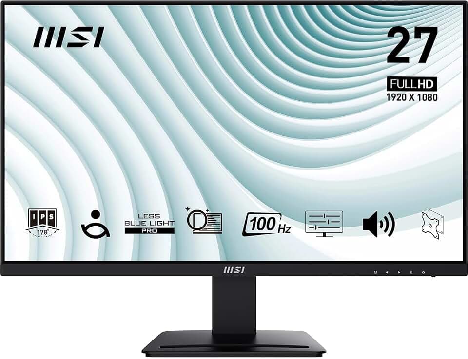 MSI PRO MP273A Monitor 27" Full HD – Pannello IPS 1920 x 1080, 100 Hz, Schermo a bassa emissione di luce blu, Montaggio VESA, Altoparlanti integrati, Supporto Display Kit – HDMI 1.4, DP 1.2a, D-Sub