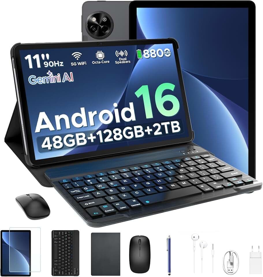 P11 Android 16 Tablet 11 Pollici, 48GB RAM+128GB ROM (2TB TF), 90Hz, T7250 Octa-Core, 8800mAh, 13MP+5MP, Gemini AI, Widevine L1, Face ID, GPS, FM, Tablets con Tastiera e Penna, Nero