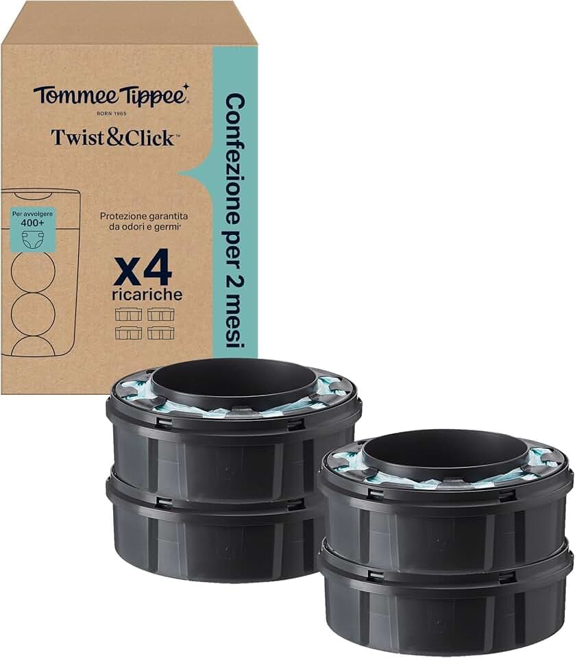 Tommee Tippee Ricariche originali per mangiapannolini Twist & Click Advanced, confezione esclusiva da 4 ricariche di 10,5 metri l’una, praticità e risparmio, 4 X 10,5 m