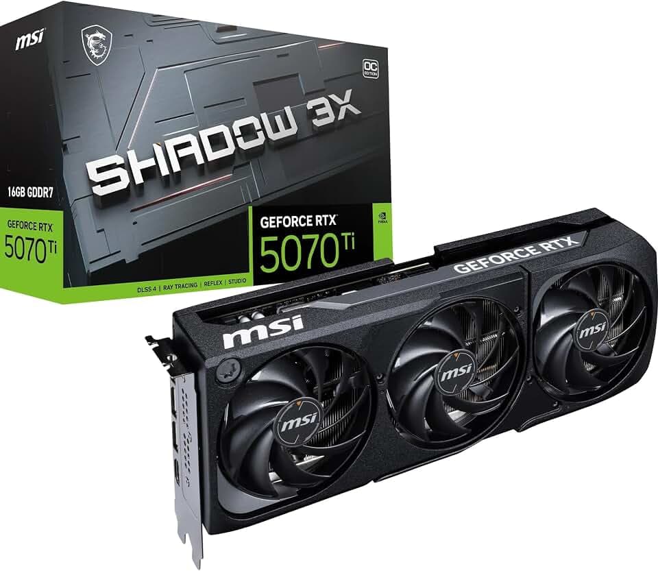 MSI GeForce RTX 5070 Ti 16G SHADOW 3X OC – 16 GB GDDR7 (28 Gbps / 256-bit) – PCIe 5.0 – Design termico a tripla ventola (3 x TORX FAN 5.0) – HDMI 2.1b / 3 x DisplayPort 2.1b