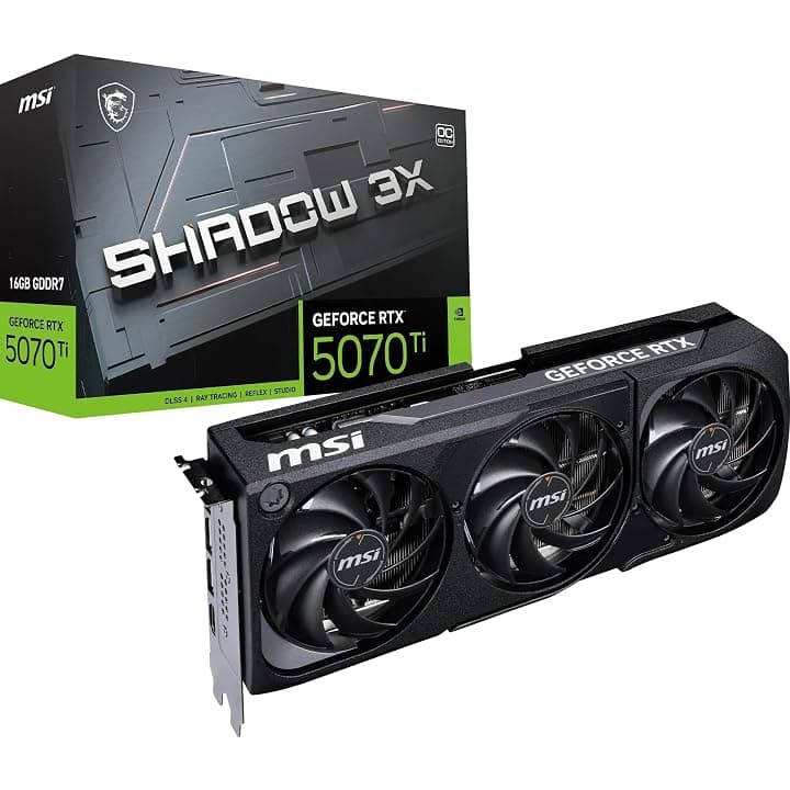 MSI GeForce RTX 5070 Ti 16G SHADOW 3X OC – 16 GB GDDR7 (28 Gbps / 256-bit) – PCIe 5.0 – Design termico a tripla ventola (3 x TORX FAN 5.0) – HDMI 2.1b / 3 x DisplayPort 2.1b