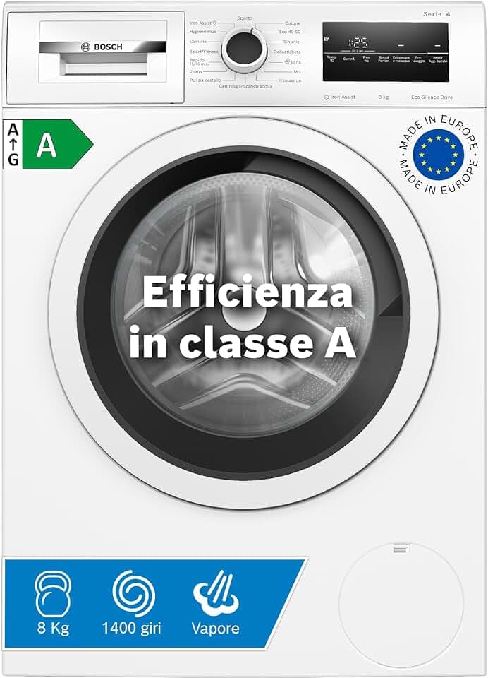 Bosch WAN28208II Serie 4 Lavatrice a carica frontale, 8 kg, 1400 giri, Classe energetica A, motore inverter con 10 anni di garanzia, riduce le pieghe e facilita la stiratura, Bianco, 60 Cm Etichetta Energetica