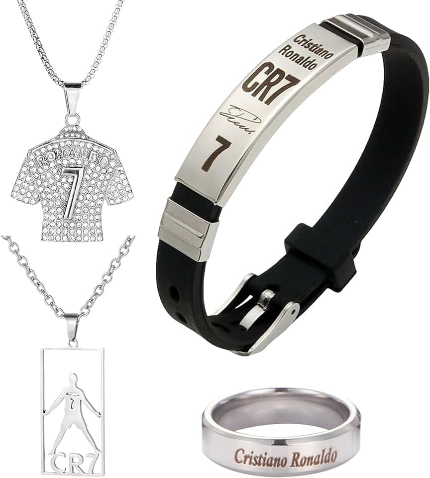 MOAZIFI C R7 Premium Collezione di giocatori quattro pezzi con bracciale regolabile, collana con ciondolo maglia e anello giocatore, regalo durevole per gli appassionati di calcio per ragazzi e