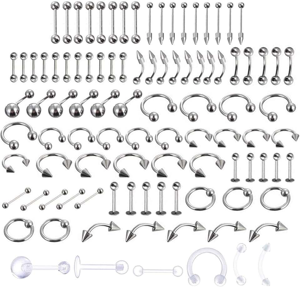 LuLyL 92 pezzi di perforazione (92 pezzi), 16 stili di acciaio inossidabile 316L, 6 pezzi di anelli per ombelico trasparenti per corpo, lingua, naso, orecchie, labbra, 91 unità (set di 1), acciaio