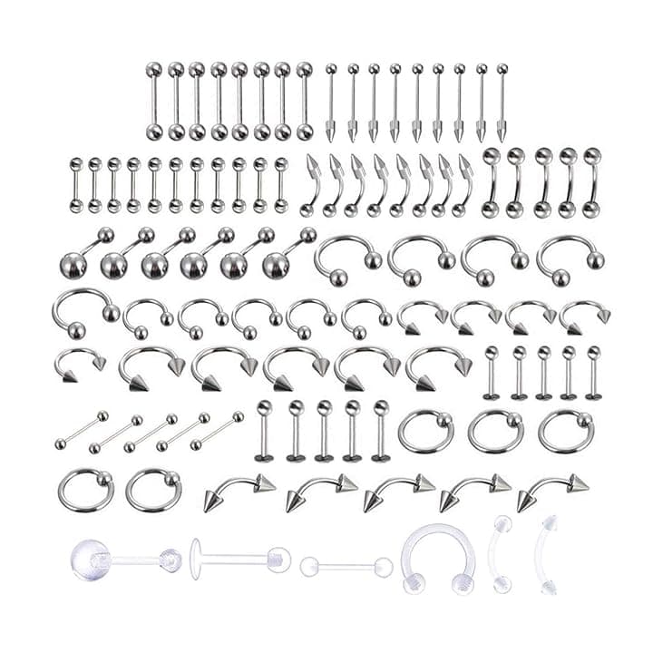 LuLyL 92 pezzi di perforazione (92 pezzi), 16 stili di acciaio inossidabile 316L, 6 pezzi di anelli per ombelico trasparenti per corpo, lingua, naso, orecchie, labbra, 91 unità (set di 1), acciaio