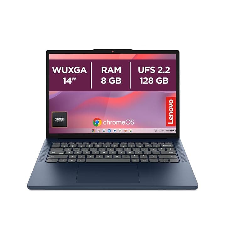 Lenovo Chromebook 14" Notebook IPS WUXGA (1920x1200), 128GB SSD, 8GB RAM, Wi-Fi6E, ChromeOS, MediaTek Kompanio 540 - Laptop Leggero per Studio, Streaming e Uso Quotidiano - Caricatore non incluso TCO Certified