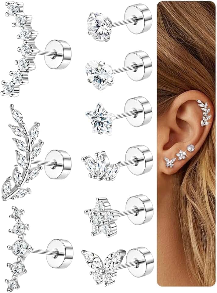 Diamday 9Pcs Piercing Orecchio Acciaio Chirurgico Orecchini Donna Anallergici Helix Trago Piercings Set Orecchini Cartilagine Argento Oro Piercing Helix Trago Conch Gioielli