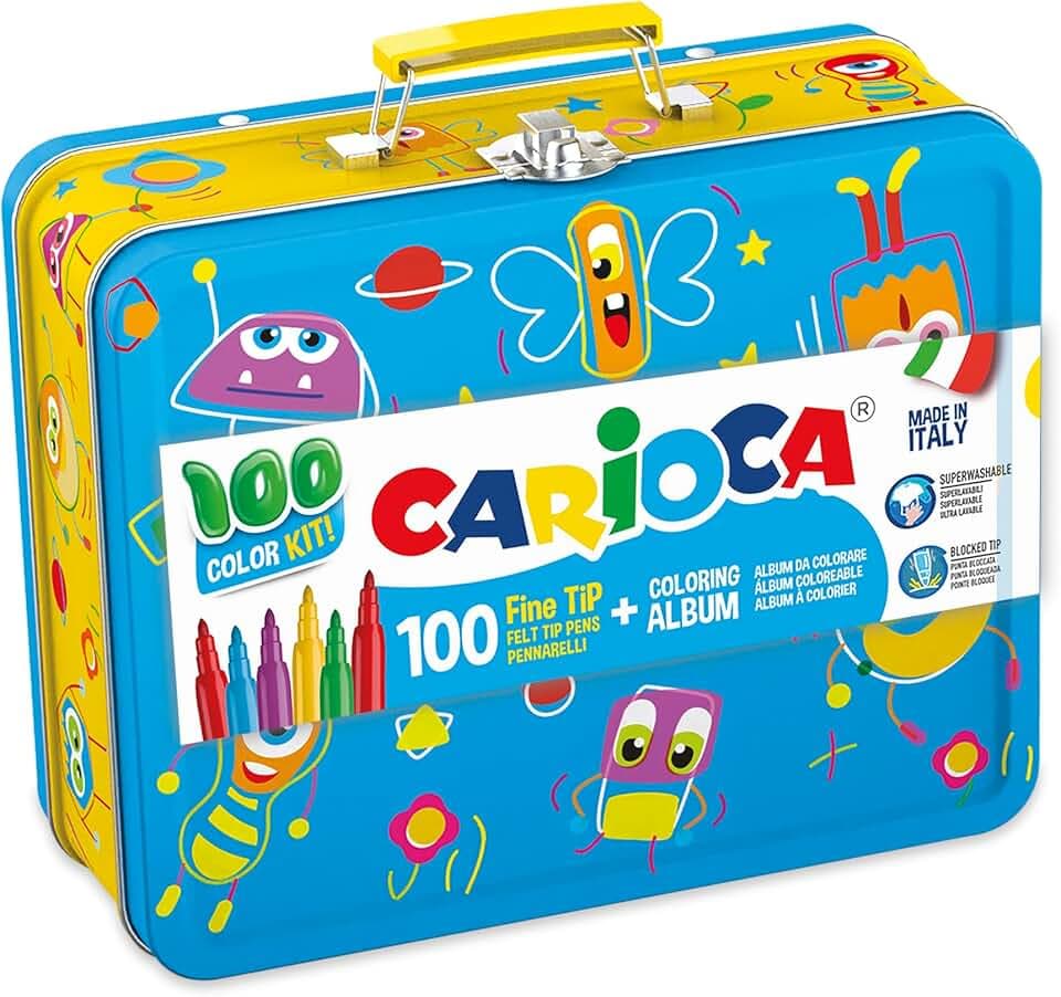 CARIOCA Set Creativo 100 Pennarelli Punta Fine Lavabili con Album da Colorare A4 e Astuccio Metallo Blu, per Bambini e Regalo